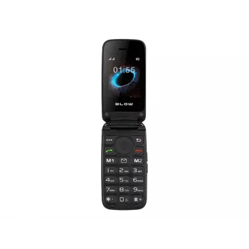 BLOW S24 melns senioru salokāmais telefons ar SOS pogu, lielām pogām, Dual SIM, kameru, FM radio, lukturīti, uzlādes statīvu