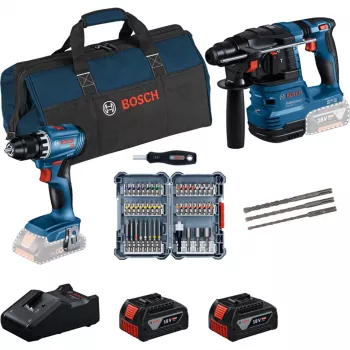 Bosch 18V Professional Set Rotary Hammer GBH 18V-22 + Drill Driver GSR 18V-45 - (zils/melns, 2x Li-Ion akumulators 4.0Ah, āmura urbju un uzgaļu komplekts, instrumentu soma) (0615V0003D)