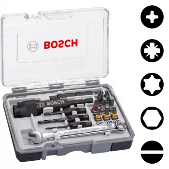 Bosch 2607002786 20 gabalu skrūvgrieža uzgaļu komplekts ar magnētisko universālo turētāju, 25 mm S2 tērauda uzgaļi Phillips, Pozidriv, plakanajiem, Torx, sešstūra skrūvēm