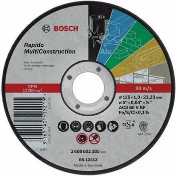 Bosch MultiConstruction griešanas disks 115 mm, 1,0 mm biezs, 22,23 mm urbums, 80 m/s, alumīnija oksīds, Type 41, metālam, akmenim, betonam, ķieģeļiem, flīzēm, plastmasai, kokam 2608602384