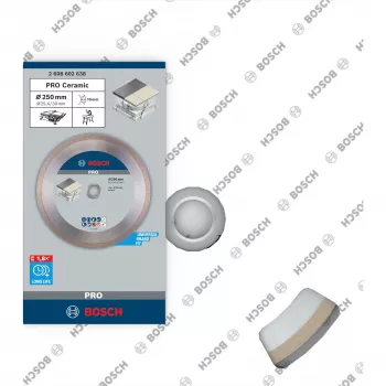 Bosch PRO Keramikas dimanta griešanas disks, 250 mm diametrs, 30 mm urbums (ar 25.4 mm reducējošo gredzenu), nepārtraukta mala, slapjai/sausai griešanai