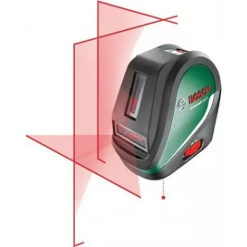 Bosch Universal Level 3 krusta līniju lāzers ar svērtenes punktiem, 10 m darbības rādiuss, sarkans stars, ±0,5 mm/m precizitāte, automātiskā pašizlīdzināšanās, 1/4 collu tripoda vītne, 4x AA baterijas 0603663904