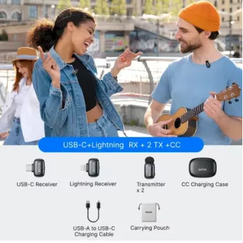 BOYA Mini 2-01 bezvadu mikrofonu sistēma 2,4GHz ar 2 raidītājiem un 2 uztvērējiem (USB-C un Lightning) Melna