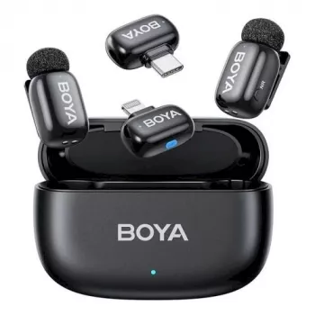 BOYA Mini 2-01 bezvadu mikrofonu sistēma 2,4GHz ar 2 raidītājiem un 2 uztvērējiem (USB-C un Lightning) Melna