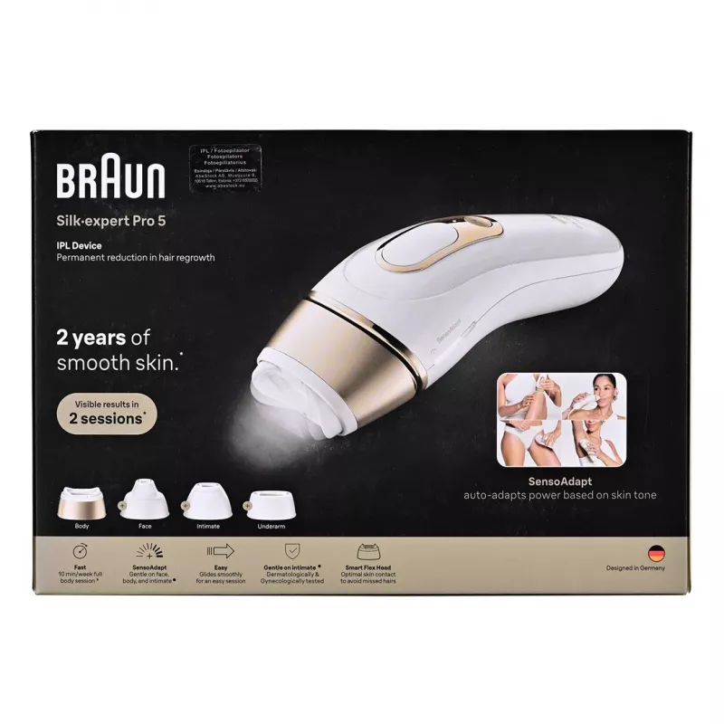 Braun IPL Hair Removal Device PL5431 with SensoAdapt Skin Tone Sensor, 400,000 Flashes, 10 Intensity Levels, Corded, White