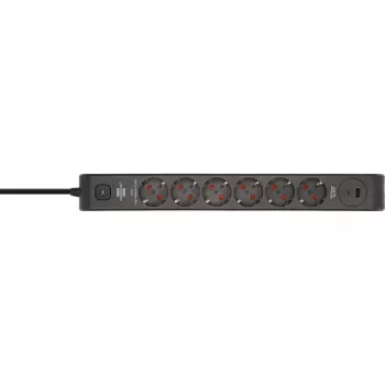 BRENNENSTUHL 6-Way Power Strip with 1x USB-C, 1x USB-A, Surge Protection 13,500A, 2m Cable, Black/Anthracite