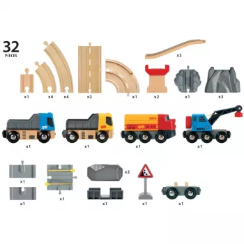 BRIO World akmeņu iekraušanas komplekts ar ceļiem un sliedēm