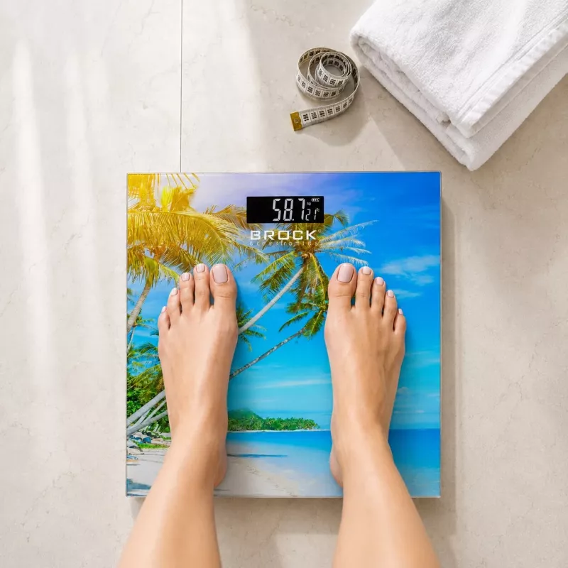 Brock BS 001 digitālie vannasistabas svari ar rūdīta stikla platformu, 180 kg ietilpība, 100 g precizitāte, ieslēgšana ar soli, 2xAAA baterijas iekļautas