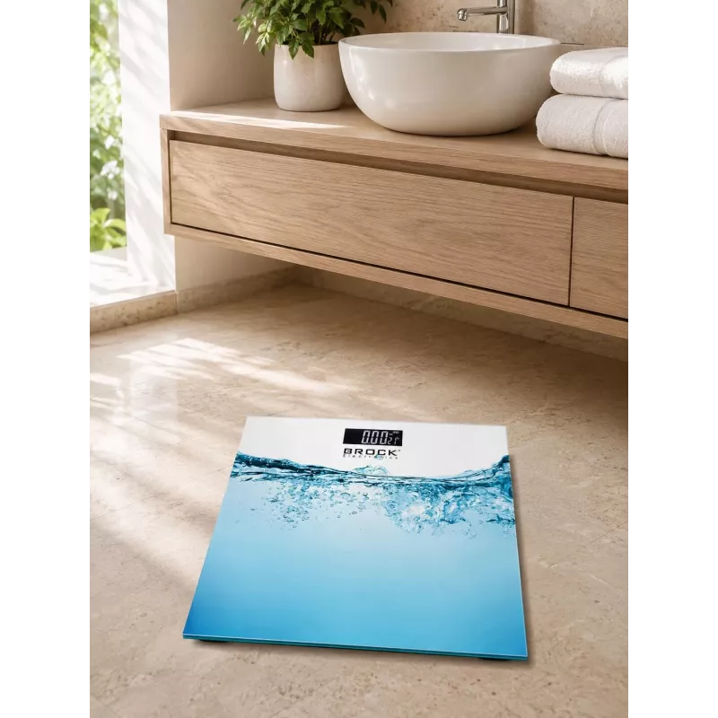 Brock BS 005 digitālie vannasistabas svari ar rūdīta stikla platformu, 180 kg ietilpība, 100 g precizitāte, automātiska ieslēgšana/izslēgšana, baterijas iekļautas