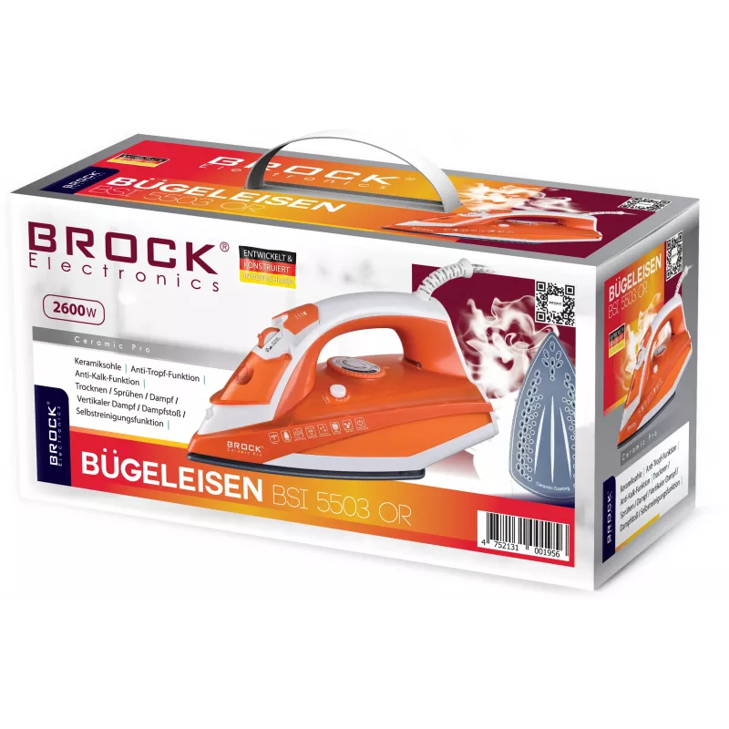 Brock BSI 5503 OR tvaika gludeklis 2600W keramikas pēdiņa oranžs