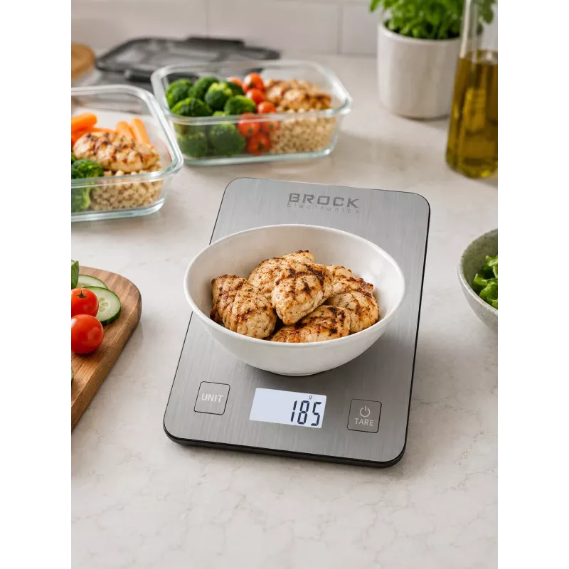 Brock SKS 1009 digitālie virtuves svari ar LED displeju, 5 kg ietilpība, 1 g precizitāte, rūdīta stikla platforma, melni