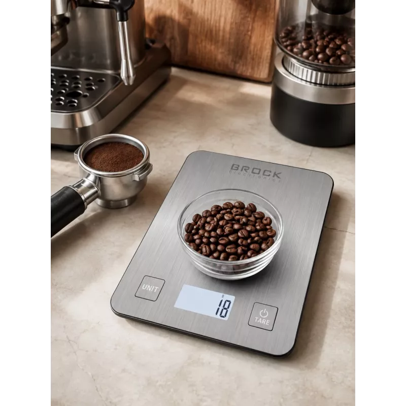 Brock SKS 1009 digitālie virtuves svari ar LED displeju, 5 kg ietilpība, 1 g precizitāte, rūdīta stikla platforma, melni