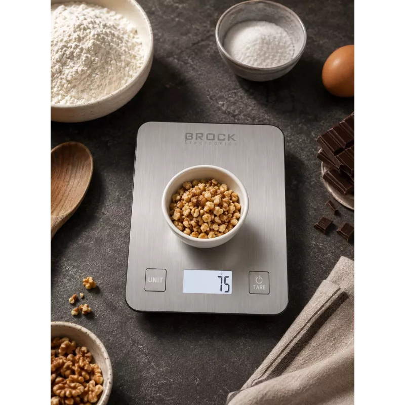 Brock SKS 1009 digitālie virtuves svari ar LED displeju, 5 kg ietilpība, 1 g precizitāte, rūdīta stikla platforma, melni
