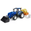 BRUDER New Holland T5.120 traktors ar frontālo iekrāvēju, kravas kasti un dakšām 1:16