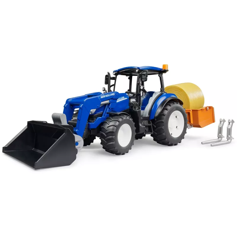BRUDER New Holland T5.120 traktors ar frontālo iekrāvēju, kravas kasti un dakšām 1:16