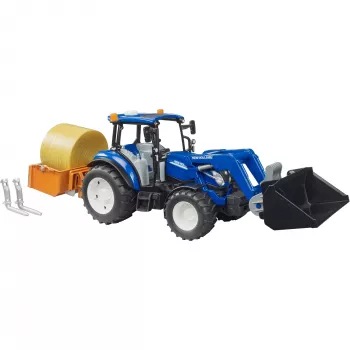 BRUDER New Holland T5.120 traktors ar frontālo iekrāvēju, kravas kasti un dakšām 1:16