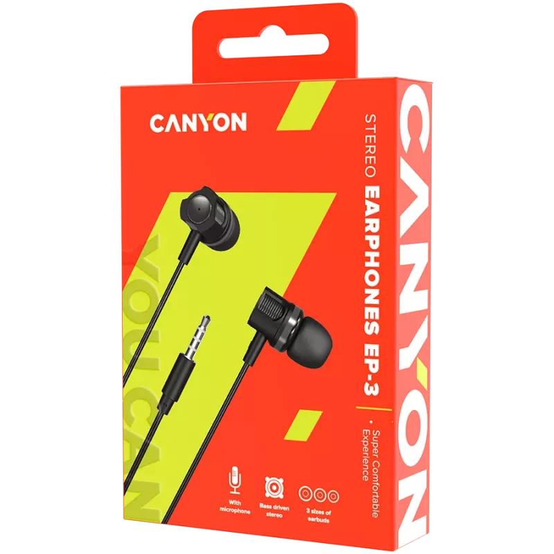 CANYON EP-3 In-Ear Headset with Microphone, 1.2m Flat Cable, Dark Grey
