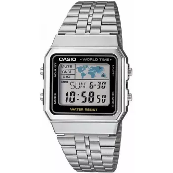 Casio A500WA-1DF klasiskais digitālais kvarca pulkstenis – sudraba nerūsējošā tērauda siksna, LED fona apgaismojums, pasaules laiks