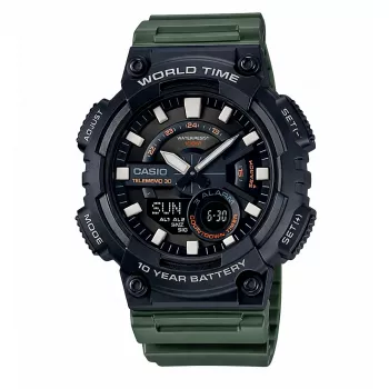 CASIO AEQ-110W-3A Vīriešu analog-digitālais pulkstenis, 52,2mm, zaļa sveķu lente