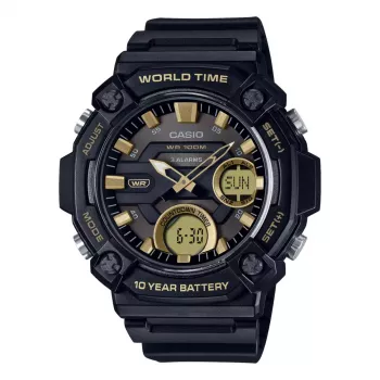 CASIO AEQ-120W-9A Vīriešu analogā-digitālā rokas pulkstenis, 53,3 mm, melns sveķu korpuss, melna sveķu siksniņa, zelta akcenti