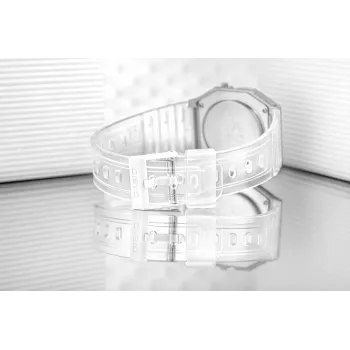 Casio F-91WS-7DF digitālais pulkstenis – caurspīdīgs balts sveķu korpuss, unisex, kvarca, LED fona apgaismojums, ūdensizturīgs 3 ATM