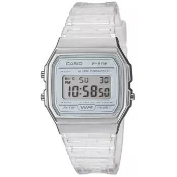 Casio F-91WS-7DF digitālais pulkstenis – caurspīdīgs balts sveķu korpuss, unisex, kvarca, LED fona apgaismojums, ūdensizturīgs 3 ATM