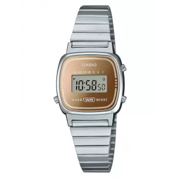 CASIO LA670WES-4AEF Sieviešu digitālais pulkstenis - rozā zelta ciparnīca, sudraba korpuss un aproce, 24 mm