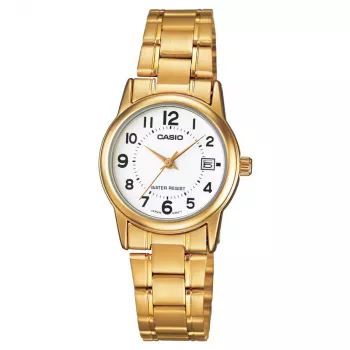 CASIO LTP-V002G-7B Sieviešu analogais kvarca pulkstenis, 25mm zelta krāsas nerūsējošā tērauda korpuss, sudraba ciparnīca