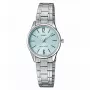 CASIO LTP-V005D-2B sieviešu analogais kvarca pulkstenis, zils ciparnīca, nerūsējošā tērauda aproce, 34 mm