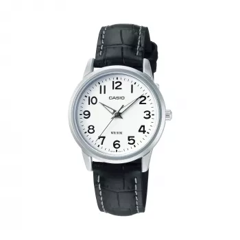 CASIO LTP1303PL7BVE Unisex Analog Watch - Nerūsējošā tērauda korpuss, melna ādas siksniņa, 50m ūdensizturība