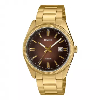 Casio MTP1302PGC5AV vīriešu analogais pulkstenis ar nerūsējošā tērauda rozā zelta korpusu un brūnu ciparnīcu