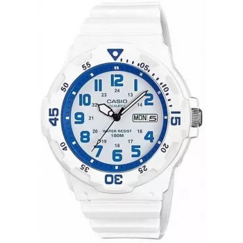 CASIO MRW200HC7B2VD Vīriešu analogais kvarca pulkstenis ar dienas-datuma displeju, 100m ūdensizturība, sveķu siksniņa, balts ciparnīca, zils/sarkans rāmis
