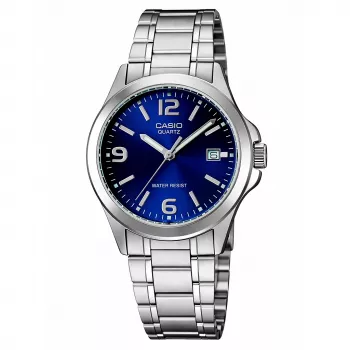 CASIO MTP-1215A-2A Vīriešu analogais kvarca pulkstenis ar zilu ciparnīcu un nerūsējošā tērauda rokassprādzi 43,3mm