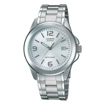 Pulkstenis Casio MTP-1215A-7A vīriešu analogs ar nerūsējošā tērauda aproci, sudraba ciparnīcu, 38,4 mm korpusu, datuma-dienas rādījumu, 50m ūdensizturību