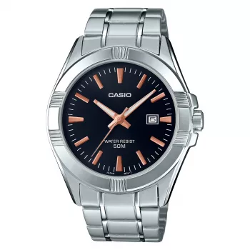 CASIO MTP-1308D-1A2 Vīriešu analogais kvarca pulkstenis, 48,9mm, melns ciparnīca, sudraba nerūsējošā tērauda josla