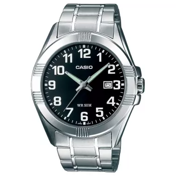 CASIO MTP-1308D-1B Vīriešu analogais kvarca pulkstenis ar nerūsējošā tērauda korpusu un aproci, melnu ciparnīcu un datuma displeju