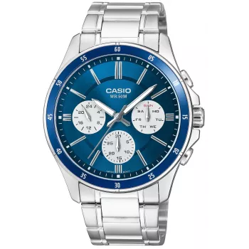 Casio MTP-1374D-2A3 Vīriešu analogais kvarca pulkstenis ar nerūsējošā tērauda aproci, zilu ciparnīcu, dienas-datuma rādītāju, 50m ūdensizturību