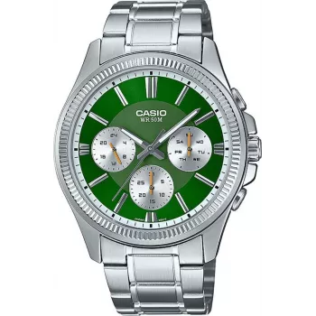 Casio MTP-1375D-3A vīriešu analogais kvarca pulkstenis ar zaļu ciparnīcu un nerūsējošā tērauda aproci