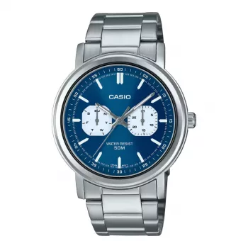 CASIO MTP-E335D-2E1VD Vīriešu analogais pulkstenis ar zilu ciparnīcu, nerūsējošā tērauda aproci, 47,6 mm