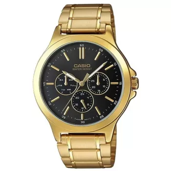 CASIO MTP-V300G-1AUDF Vīriešu analogais kvarca pulkstenis, 47mm zelta jonu pārklājuma nerūsējošā tērauda korpuss, melns ciparnīca, diena-datums