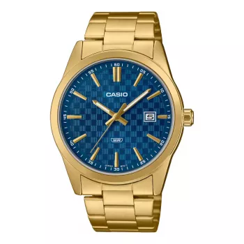 CASIO MTPVD03G2AUDF Vīriešu analogais kvarca pulkstenis, 45mm nerūsējošā tērauda korpuss, zils ciparnīca, zelta krāsas aproce, 50m ūdensizturība