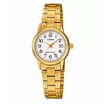 CASIO LTP-V002G-7B2 sieviešu analogs kvarca pulkstenis, 31mm zelta jonu pārklājuma nerūsējošā tērauda korpuss, sudraba ciparnīca, aproce