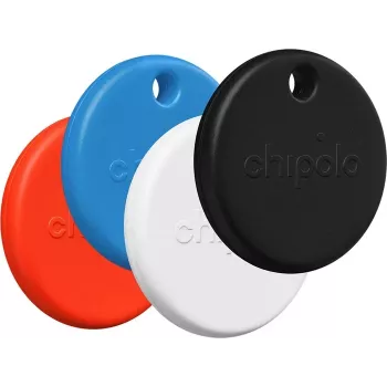 Chipolo POP – Bluetooth Tracker ar nomaināmu bateriju iOS un Android ierīcēm, 4 komplekts – Melns, Balts, Sarkans, Zils