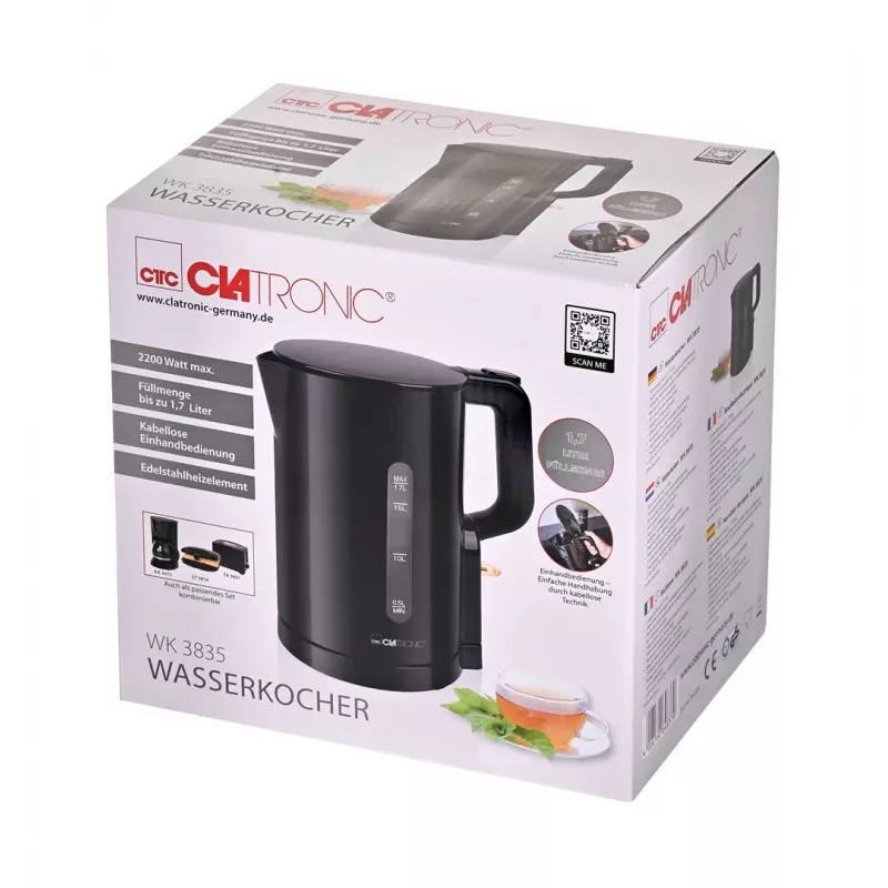 Clatronic WK 3835 bezvadu tējkanna 1.7L 2200W melna plastmasa