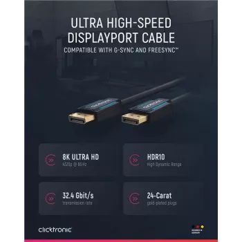 ClickTronic 40994 DisplayPort kabelis 2 m melns - 4K Ultra HD, zelta pārklājuma savienotāji, trīskāršs ekranējums