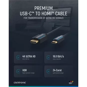 Clicktronic Casual USB-C uz HDMI adaptera kabelis, 1 m, 4K Ultra HD 60 Hz, melns 44928