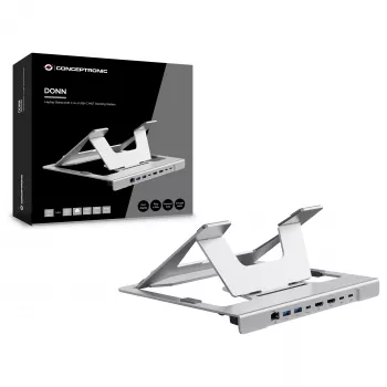 Conceptronic DONN35S Laptop Statīvs ar 7-in-1 USB-C Dokošanas Staciju, Dual HDMI 4K60Hz, GbE, USB-C 5Gbps, 2x USB-A, 100W PD, Sudraba