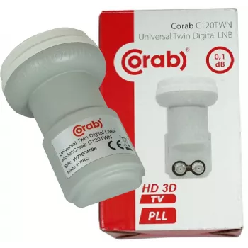 CORAB C120TWN Twin LNB pārveidotājs – 2 izejas, 40 mm apstarotājs, zems troksnis 0.1 dB, laikapstākļiem izturīgs F-tipa