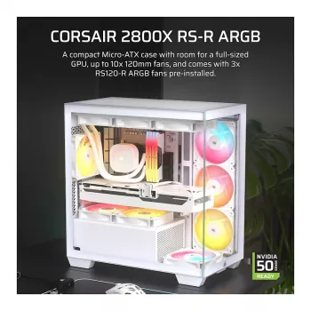 CORSAIR 2800X RS-R ARGB Micro-ATX Dual Chamber Cube Case, White, ar panorāmas rūdītu stiklu un 2x LL120 RGB ventilatoriem