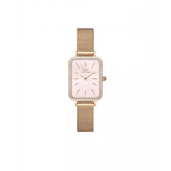 DANIEL WELLINGTON Quadro sieviešu pulkstenis DW00100669 ar 20mm rozā zelta korpusu un melnu ādas siksniņu